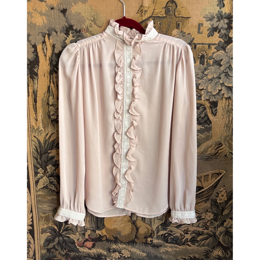 Vintage Diane Richards California beige Ruffle Lace Blouse Victorian Cottagecore